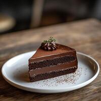A chocolate cake slice with two layers of creamy ganache, topped with a swirl of chocolate cream and a small sprig of thyme. Plated elegantly on a white dish with cocoa dusting photo