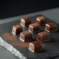 Dark chocolate pralines with cocoa powder on a black slate plate. Smooth texture, rich flavor, and gourmet presentation create a luxurious dessert experience. Perfect for confectionery lovers photo