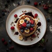 Fluffy pancakes stacked on a plate, topped with fresh bananas, raspberries, and blueberries. Drizzled with syrup and dusted with powdered sugar. A delicious breakfast treat photo