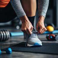 A person ties the shoelaces of a running shoe while sitting on a gym mat. The hands pull the laces tight, preparing for a workout. The gym floor and exercise equipment are blurred in the background photo