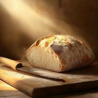 A rustic loaf of sourdough bread with a golden crust rests on parchment paper. Steam rises, highlighting its fresh-baked texture. Soft natural light creates a cozy, artisanal bakery atmosphere photo