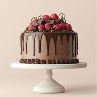 Chocolate cake with glossy ganache drip, topped with fresh raspberries and chocolate pieces. The dessert sits on a white cake stand against a neutral background. Perfect for bakery promotions photo