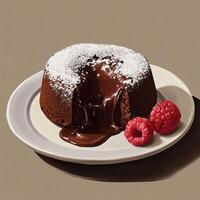 Chocolate lava cake with a gooey melted core, dusted with powdered sugar, sits on a plate with fresh raspberries. The warm chocolate sauce oozes out, creating a rich and tempting dessert scene photo