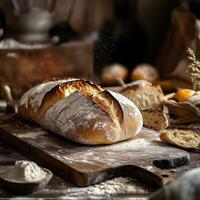 Rustic loaf of bread sits on a wooden board, dusted with flour. A wheat stalk rests nearby, adding a natural touch. The softly blurred kitchen background enhances the cozy, homemade baking atmosphere photo