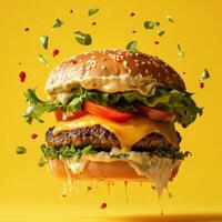Floating cheeseburger with melting cheese, fresh lettuce, tomato, and dripping sauce on a yellow background. Perfect for restaurant branding and promotions photo