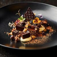 A plated chocolate dessert featuring dark chocolate cubes, praline, caramel elements, edible flowers, and a chocolate lattice, arranged on a black textured plate for a refined gourmet presentation photo