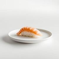 Salmon nigiri sushi with a light texture on a white plate, placed in a soft-lit setting. Traditional Japanese dish with raw fish and rice photo