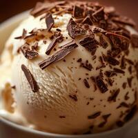 A close-up of a scoop of vanilla ice cream in a white bowl, sprinkled with small chocolate flakes. The creamy texture contrasts with the dark chocolate pieces, adding a crunchy touch photo