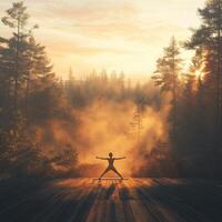 A person practicing yoga outdoors in a half-squat pose with arms extended, balancing on a mat. The background features a serene forest with earthy brown tones, creating a peaceful, natural setting photo