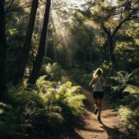 Woman in tank top and shorts jogs on a winding dirt path through a dense forest. The tall trees create a natural tunnel, and sunlight breaks through the leaves, lighting the way as she moves forward photo