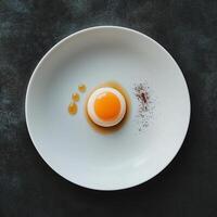 Minimalist restaurant-style fried egg with sauce drops and ground pepper. Elegant fine dining plating with modern culinary presentation photo