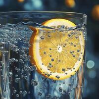 A fresh lemon slice submerged in sparkling water inside a glass. Tiny bubbles cling to the citrus, enhancing its vibrant and refreshing appearance photo