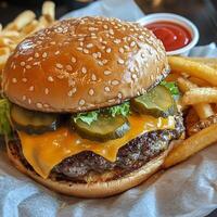 A thick, grilled beef patty topped with melted cheese, fresh lettuce, and pickles inside a sesame bun. Paired with crispy fries and ketchup, this meal is a timeless favorite photo