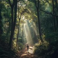 A distant figure of a male athlete runs along a dirt path deep in the forest. The trees and thick foliage surround him, making him appear small in the vast wilderness. The trail curves ahead photo