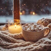 A cup of creamy hot cocoa with melting marshmallows, sitting by a frosty window. Soft candlelight adds warmth to the winter scene, creating a cozy holiday atmosphere photo