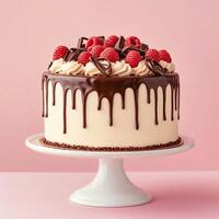 Elegant vanilla cake with chocolate ganache drip, fresh raspberries, and chocolate decorations. Placed on a white cake stand against a soft pink background. Suitable for bakery and dessert branding photo