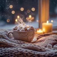 A steaming mug of rich hot chocolate topped with fluffy marshmallows, placed on a cozy knitted blanket. A comforting winter drink near a frosty window with glowing candlelight photo