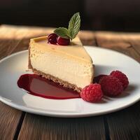 A slice of classic cheesecake with a graham cracker crust, topped with cherries, fresh raspberries, and a sprig of mint. Served on a white plate with raspberry sauce on a rustic wooden table photo