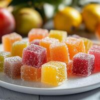 Soft and chewy fruit jellies dusted with sugar, stacked on a white dish. A mix of orange, yellow, red, and green hues creates a visually appealing and delicious sugary confection photo