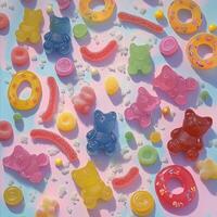 Flat lay of various gummy candies, including bears, rings, and sugar-coated sweets, arranged on a pastel background. Bright colors and different shapes create a playful composition photo