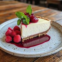 A slice of creamy cheesecake with a thick graham cracker crust, topped with raspberries, berry sauce, and fresh mint. Served on a rustic ceramic plate with a drizzle of red fruit syrup photo