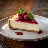 A rich and creamy cheesecake slice on a plate with a graham cracker crust, drizzled with raspberry sauce. Topped with fresh raspberries and mint leaves. Placed on a rustic wooden table photo