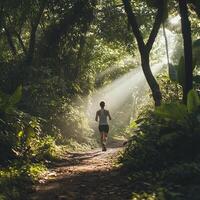 Man in a tank top and shorts runs along a narrow dirt path in a tropical forest. Tall trees and large green leaves surround the trail. Sunlight filters through the dense foliage, casting soft shadows photo