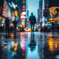 A narrow alleyway glistens under the glow of distant neon signs. Rain-soaked bricks and puddles reflect soft colors, adding depth to the quiet yet atmospheric urban night scene with people photo