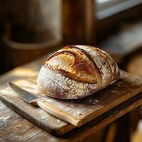 A whole rustic loaf of bread with a crisp golden crust rests on a wooden board. A knife lies beside it, ready for slicing. The natural textures and earthy tones create a cozy homemade baking scene photo