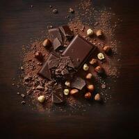 Dark chocolate bar with hazelnuts and cocoa powder on a wooden surface. Crushed pieces and scattered nuts create a rich composition, highlighting the texture and deep tones of the ingredients photo