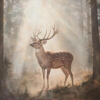 Majestic stag stands in misty forest, surrounded by tall trees. Sunlight filters through fog, casting mystical glow. The deers antlers are large, and its spotted coat blends into the ethereal scene photo