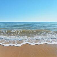 Coastal scenery with gentle waves lapping against the shoreline. The vast ocean extends into the distance, merging with the bright blue sky, reflecting a peaceful and quiet seaside moment photo