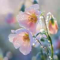 Tender pink flowers covered in morning dew sparkle in soft sunlight. The delicate water droplets magnify the intricate details of the petals, creating a fresh, ethereal atmosphere photo