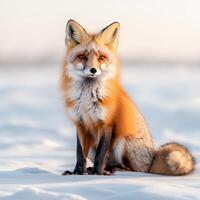 A fox sits on a snowy hill, staring straight ahead. The winter air is crisp, and the quiet forest in the background adds to the sense of stillness and focus photo