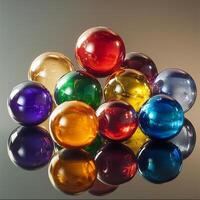 A set of transparent glass marbles with swirling colors on a reflective surface. The light enhances their depth, creating intricate reflections and refractions. A blurred background adds dimension photo