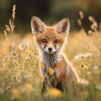 A young fox cub sits in tall grass surrounded by blooming wildflowers. Its red fur glows in the sunlight, creating a warm and tranquil atmosphere photo