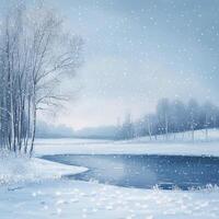 A peaceful winter scene with a frozen lake surrounded by snow-covered trees. Snowflakes gently fall from the sky, creating a serene and quiet atmosphere in nature photo