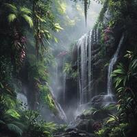 A waterfall cascades over moss-covered rocks in a tropical jungle. Surrounded by dense vegetation, the water flows into a clear pool, creating a tranquil rainforest scene photo