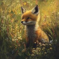 A curious fox cub rests in a sunlit field, its fur illuminated by soft golden light. Wildflowers and tall grass frame the peaceful moment in nature photo