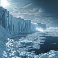 Massive ice cliffs stretch along frozen coastline icy terrain meets frigid waters filled with floating ice. Above, dramatic clouds add depth cold, desolate environment, illuminated by diffused light photo