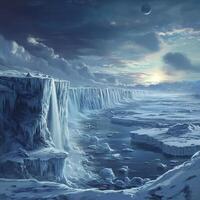 Frozen landscape with massive ice cliffs under a dark sky. A moon shines above, illuminating icy terrain cold environment features frozen waterfalls, scattered ice formations, and a vast frozen sea photo