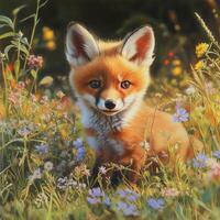 A small fox cub peeks out from a bed of colorful wildflowers. Its curious eyes and soft fur blend harmoniously with the sunlit meadow photo