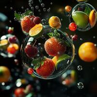 A large water sphere with lime, strawberries, cherries, and orange slices on a dark background. Blurred water bubbles in the distance create depth and a surreal floating effect photo