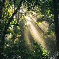 Lush green rainforest with dense foliage and towering trees. Sun rays pierce through the thick canopy, creating a misty atmosphere. A remote, untouched wilderness teeming with life photo