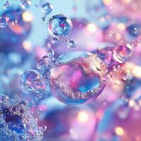 A surreal composition of floating bubbles suspended in a fluid. The iridescent reflections and soft focus create a dreamlike and organic visual effect photo