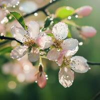 Three cherry blossoms in full bloom stand out against a backdrop of unopened buds. The contrast between delicate petals and waiting buds captures the transition of nature photo