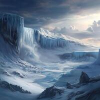 A frozen wasteland erodes as ice waterfalls crash into the valley below. Harsh winds and warming climates accelerate the destruction of once-stable ice sheets, reshaping the Arctic wilderness photo