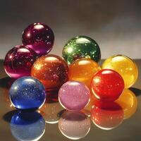 Glass marbles with sparkling glitter inside, placed on a reflective surface. The shimmering effect creates depth and enhances the glowing reflections. A blurred background adds contrast and focus photo