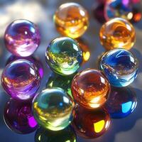 Glass marbles resting on a smooth glass surface, creating reflections and light distortions. Transparent spheres with colorful swirls add depth and dimension. A blurred background enhances focus photo
