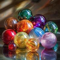 Collection of colorful glass spheres reflecting light. The glossy, swirled surfaces create a vibrant, luminous effect. Perfect for festive, fantasy, or luxury-themed visuals photo